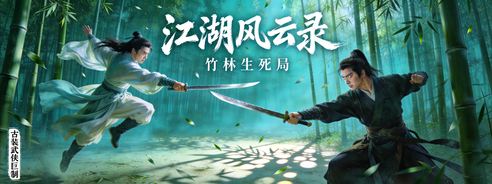 古装武侠剧海报：侠客在竹林中对决